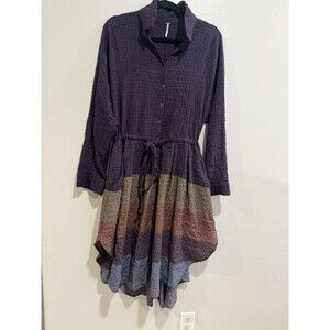 Free People Ray of Light Button Down Waffle Knit Shirt Dress Purple Sz Medium